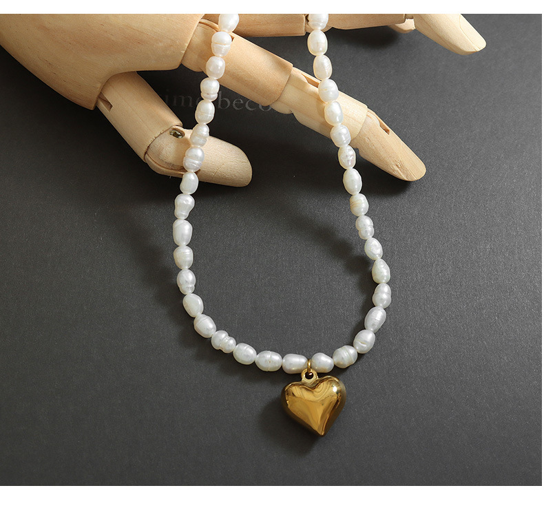 Fashion Heart Shape Titanium Steel Plating Artificial Pearls Pendant Necklace 1 Piece