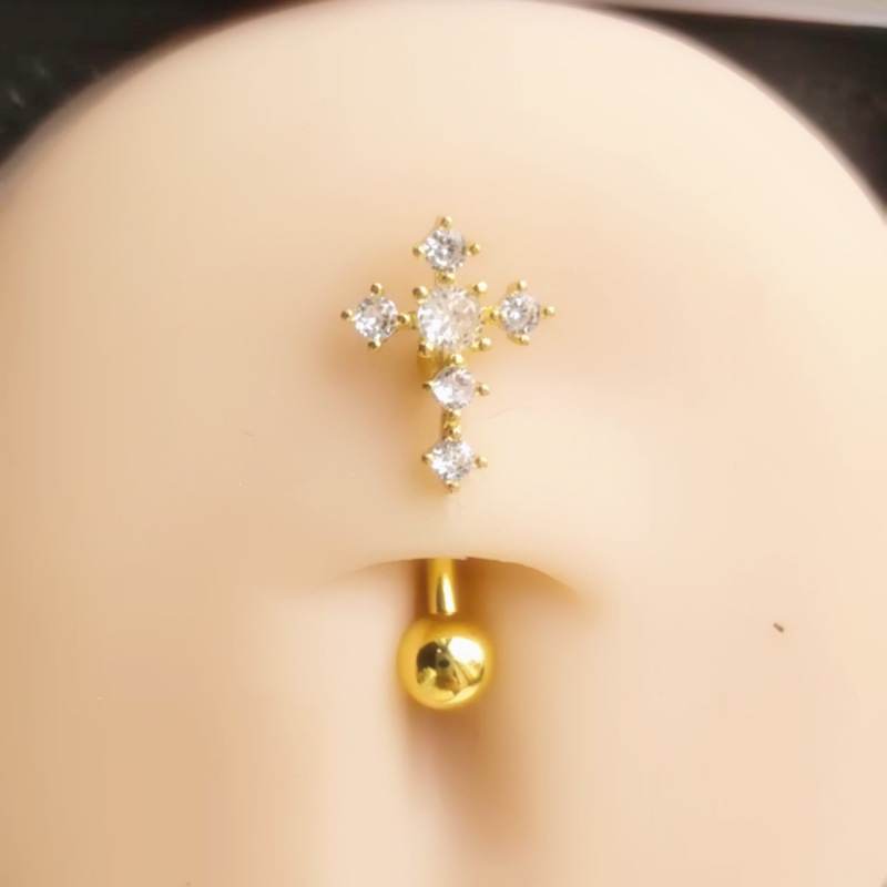 Gold Tone Belly Button Ring with Zircon Cross Design - Fashion Navel Piercing Jewelry detail image 8
