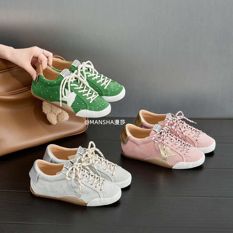 Genuine Leather Retro Thick-Soled Rhinestone Star German Training Shoes for Women, New Versatile Vintage Casual Sneakers with Hidden Height Increase