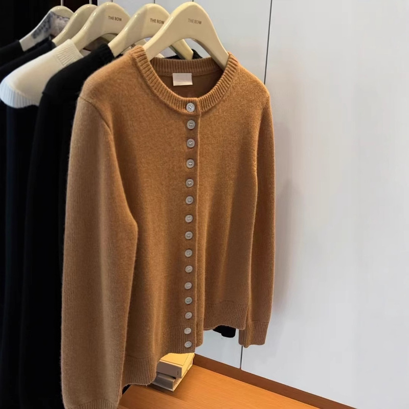 Classic Versatile Simple Ce Jacket Single-Breasted Cashmere Cardigan with Buttons, Round Neck, Soft and Delicate Knit Cardigan for Women
