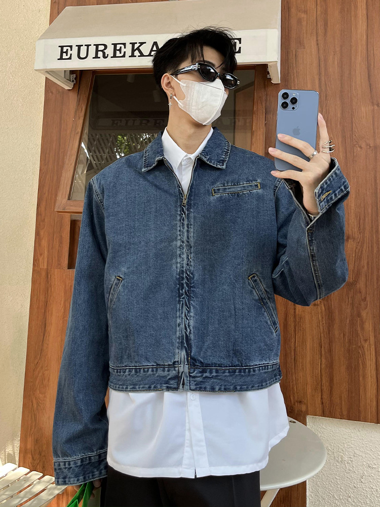 Hombrera nicho de diseño de alto grado corto otoño vintage lavado Denim chaqueta abrigo hombres ins ruoshuai
