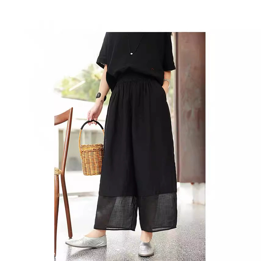 2024 весна и лето новые чистые льняные черные рами, сшитые эластические легкие брюки
