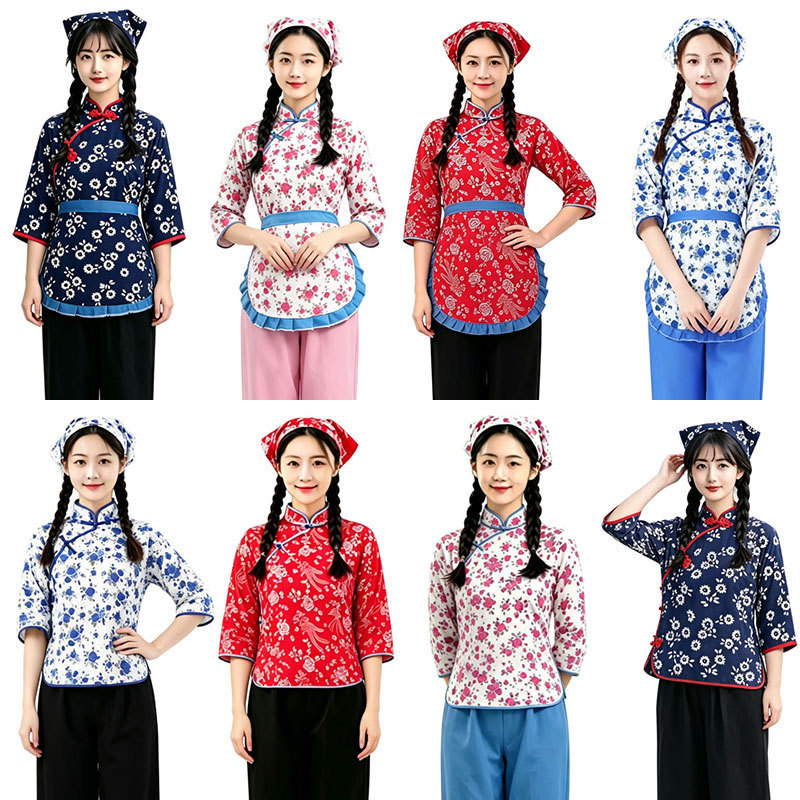 Yangge Performance Costumes, Village Girl a Qing's Outfit, Ethnic Dance, Rural Countryside, Tea-Picking Girl, Village Girl Clothing Yangge Performance Costumes, Village Girl a Qing's Outfit, Ethnic Dance, Rural Countryside, Tea-Picking Girl, Village Girl Clothing