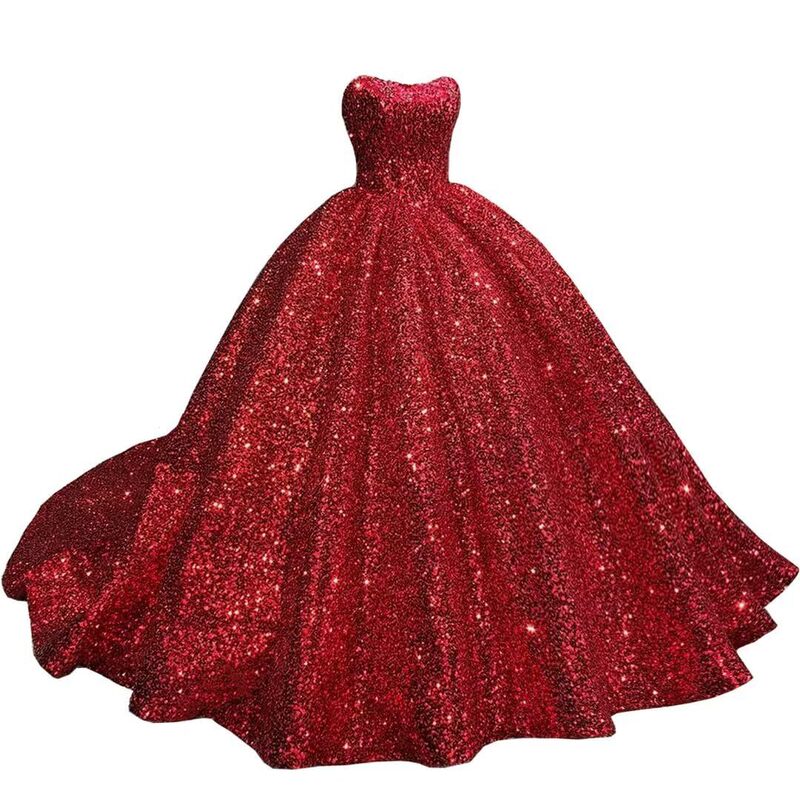 European and American style red strapless sequin ball gown with long train for evening parties and dances, foreign trade evening dress for women European and American style red strapless sequin ball gown with long train for evening parties and dances, foreign trade evening dress for women