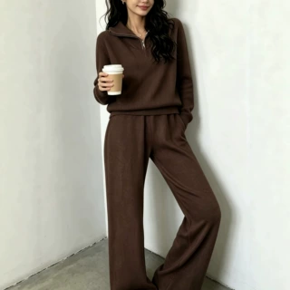 欧美跨境半拉链针织衫＋阔腿裤两件套女秋冬新款宽松休闲毛衣套装