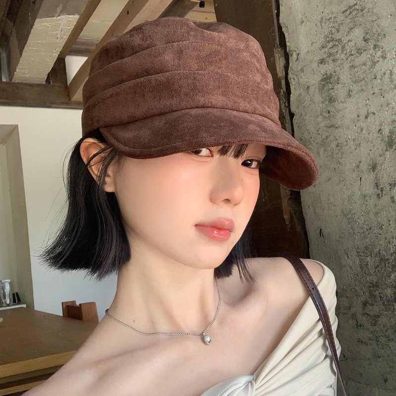 日式复古麂皮褶皱宽檐贝雷帽女时尚文艺大头围显脸小平顶马术帽子|undefined