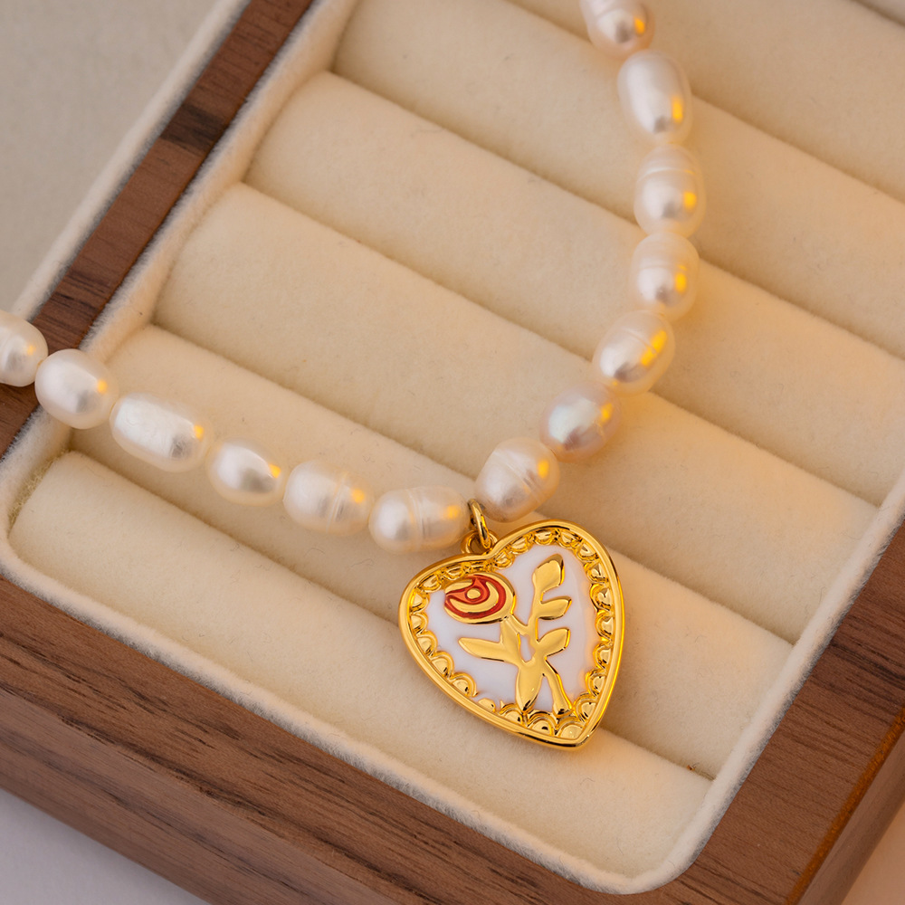 Fashion Heart Shape Rose Copper Beaded Pearl Pendant Necklace 1 Piece