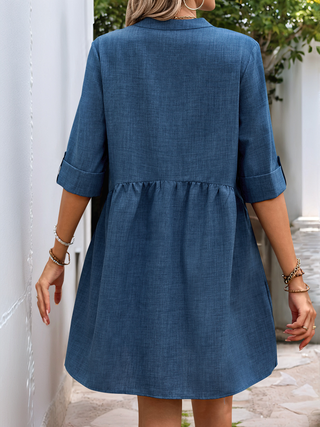 Summer Loose Dress Half Sleeve Solid Color V neck Dress