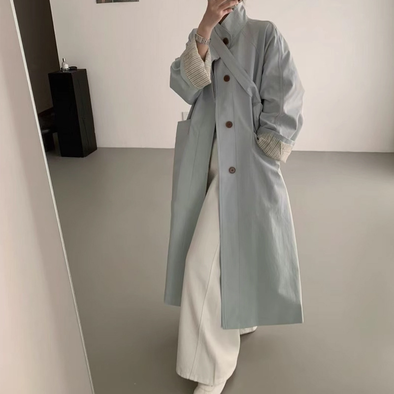 Trench-coat feminino de comprimento médio estilo coreano primavera_voghion.com