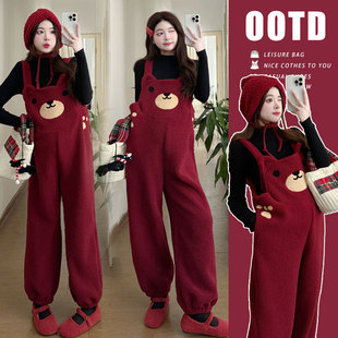 2024 maternity clothing autumn and winter lamb wool fleece-lined suspenders jumpsuit two-piece set