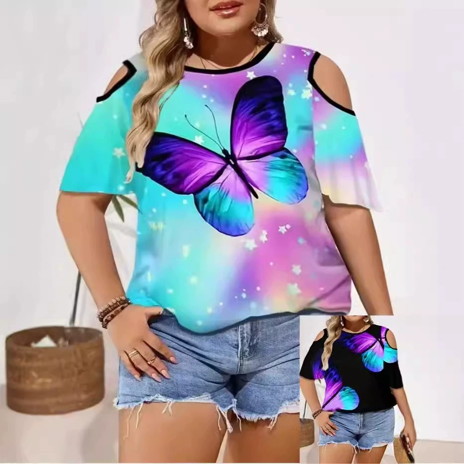 2024 Европа и США TEMU трансграничная wish внешняя торговля женская одежда мода бабочка принт с открытыми плечами большой размер женская футболка