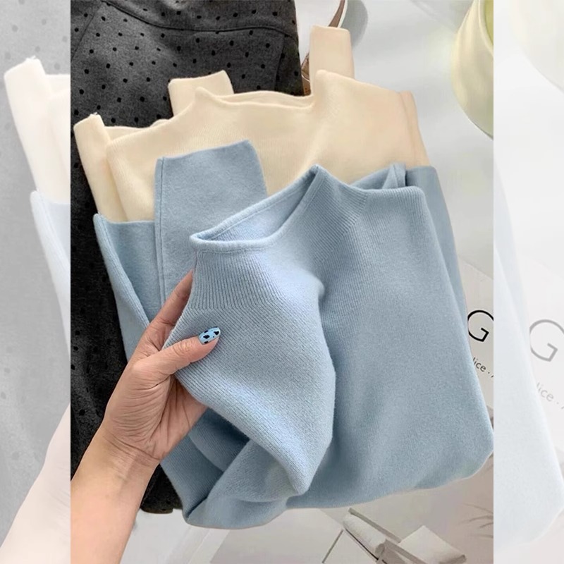 高级感蓝色半高领羊绒针织打底衫女秋冬修身显瘦毛衣内搭中领上衣