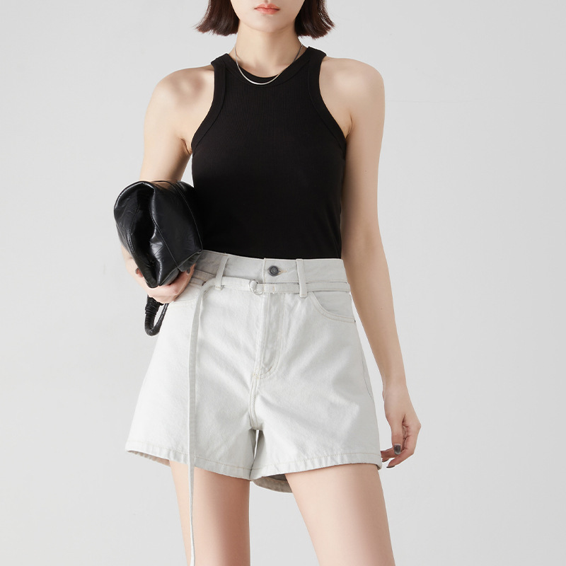 Li Girl White Belted Denim Shorts for Women, Slimming Casual Versatile Commuter Pants, 2026 Summer New Adjustable Model
