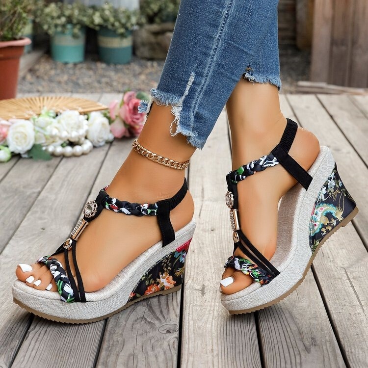 Cross-border rhinestone T-strap wedge sandals for women, platform thick-soled open-toe Roman style vacation beach casual women's shoes Cross-border rhinestone T-strap wedge sandals for women, platform thick-soled open-toe Roman style vacation beach casual women's shoes