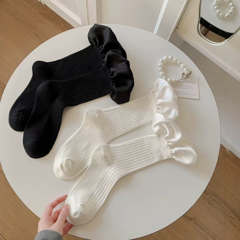 Double Needle Handmade Three-Dimensional Bubble Mouth Pleated Lace Jewelry Socks INS Internet Popular Show Light Luxury Mid-High Cuff Socks