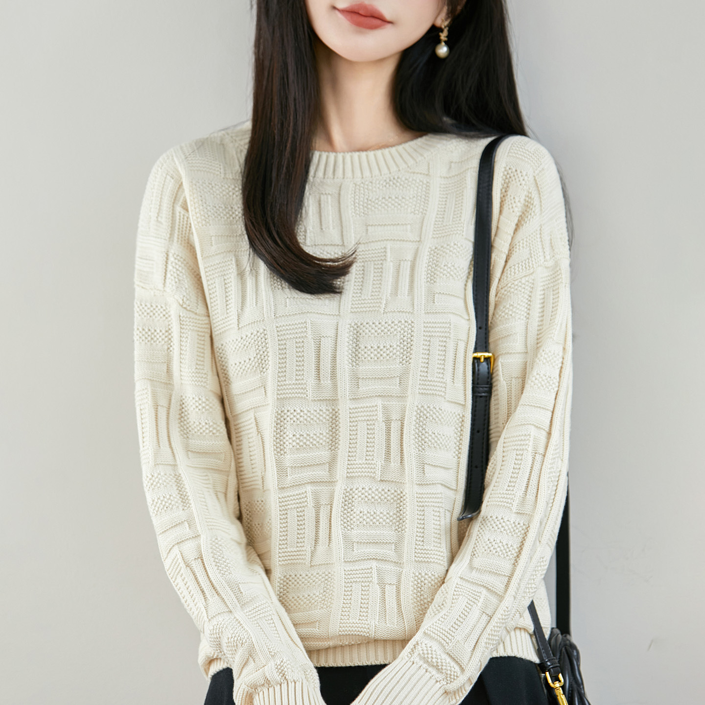 法式慵懒风提花纯棉线针织衫女宽松加厚显瘦保暖打底衫回字纹毛衣