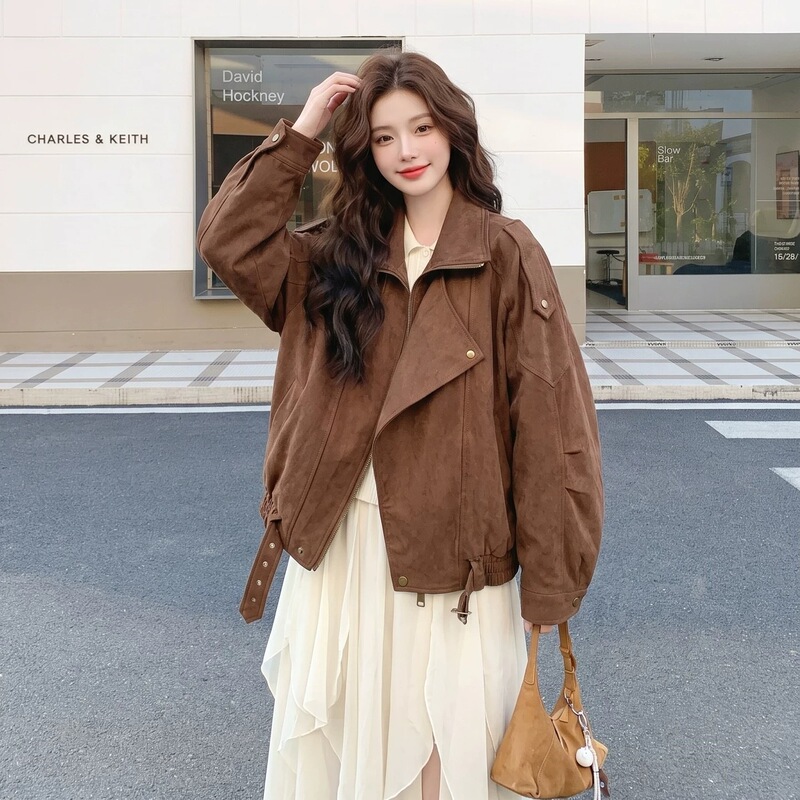 Stylish and cool brown suede jacket for women, autumn 2026 new Korean style casual jacket for petite figures Stylish and cool brown suede jacket for women, autumn 2026 new Korean style casual jacket for petite figures