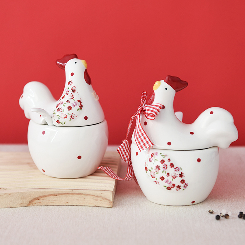 INS estilo vajilla rojo floral de pollo de cerámica tarro de condimento tarro de azúcar tarro de sal tarro de condimento de pollo creativo Pascua