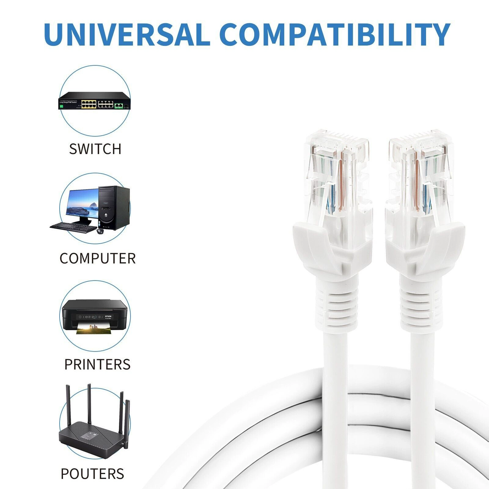 Кабель Ethernet Cat5e 60/100 футов, патч-кабель Cat5e, белый