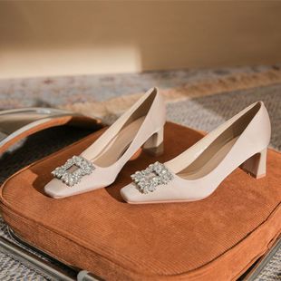 7605-12 Classic Silks and Satins Rhinestone Square Toe Thick Heel High Heels for Women 2023 Fashion Simple Women's Shoes 6Cm3Cm