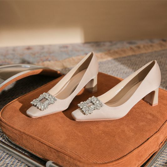 7605-12 Classic Silks and Satins Rhinestone Square Toe Thick Heel High Heels for Women 2023 Fashion Simple Women's Shoes 6Cm3Cm
