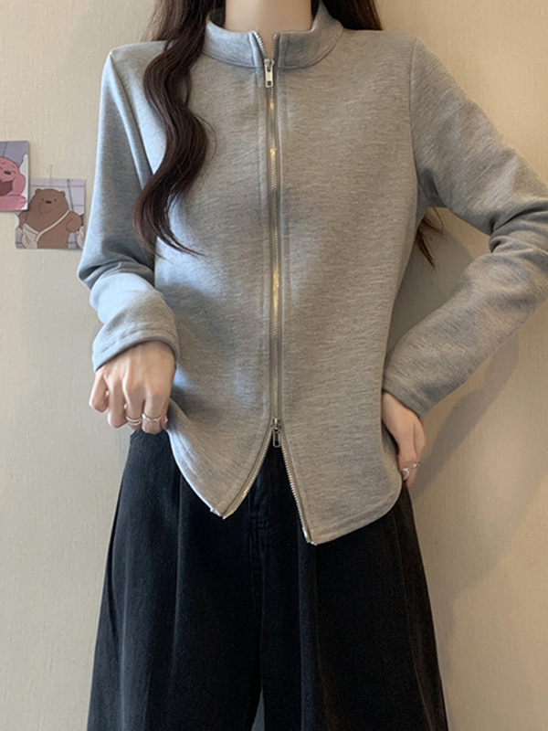 大码正肩立领开衫卫衣外套女秋2025新款胖mm显瘦拉链不规则上衣|undefined