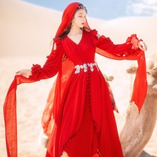 实拍  度假风复古红色流苏连衣裙青海旅游沙漠红裙