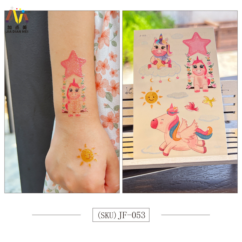 Amazon Venta caliente brillo lindo postre de Navidad unicornio niños tatuaje pegatinas impermeable tatuaje de larga duración