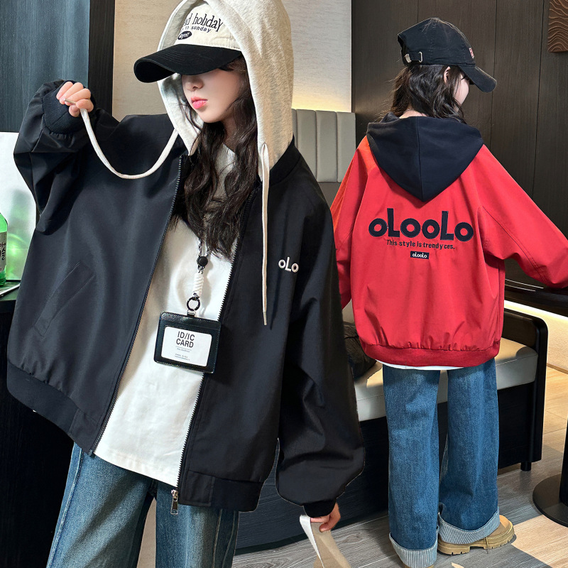女童红色外套连帽秋季2025新款儿童秋装洋气时髦女大童夹克春秋款|undefined