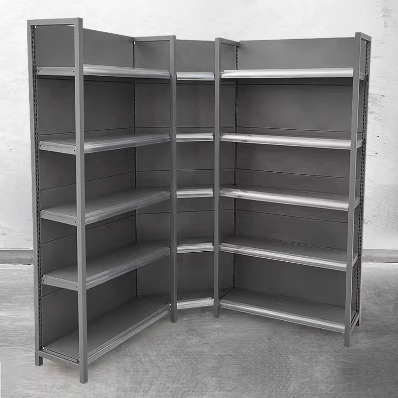 Estanterías de supermercado, estantes de almacenamiento, estantes de exhibición, tiendas de conveniencia, productos para madres y bebés, snacks, estanterías de papelería grises, selección comercial al por mayor