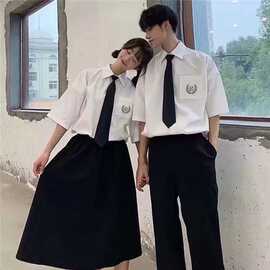 2025制服学院风纯白色衬衫配领带宽松休闲港风学生班服五分袖上衣
