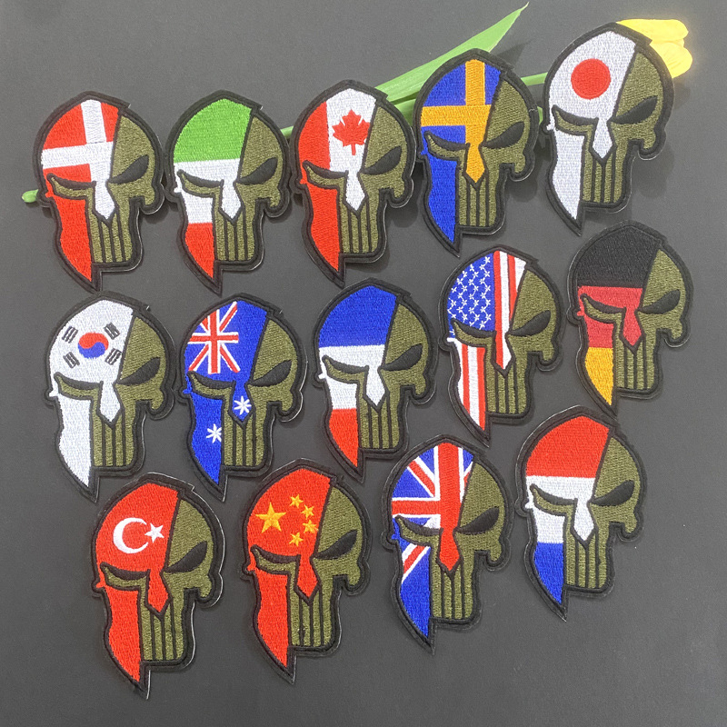 跨境热销多国旗头盔骷髅头布贴战术士气徽章刺绣补丁贴衣服装饰贴