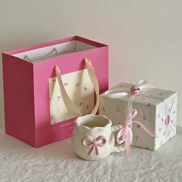 [New] Pink bow cup+gift bag+send a spoon rose powder bow packaging