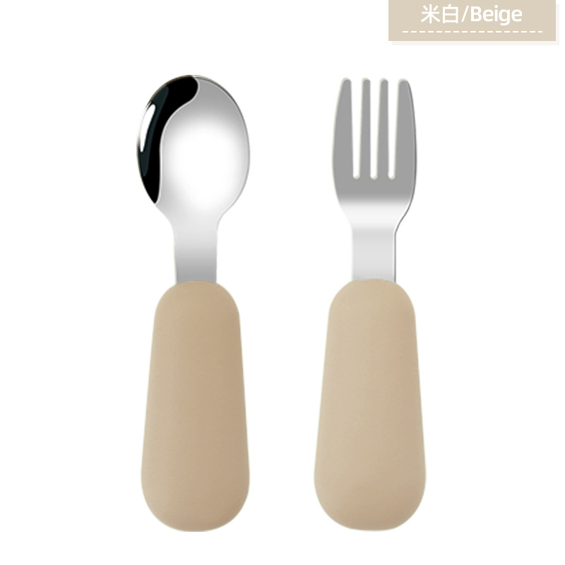 Cuchara de tenedor para niños traje de bebé tenedor cuchara mango corto 316 cuchara de tenedor de silicona de acero inoxidable cuchara de tenedor de suplemento alimenticio para bebés