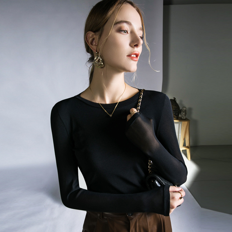 Round neck mesh bottoming shirt autumn new solid color slim-fit simple top inner and outer wear versatile micro transparent small shirt