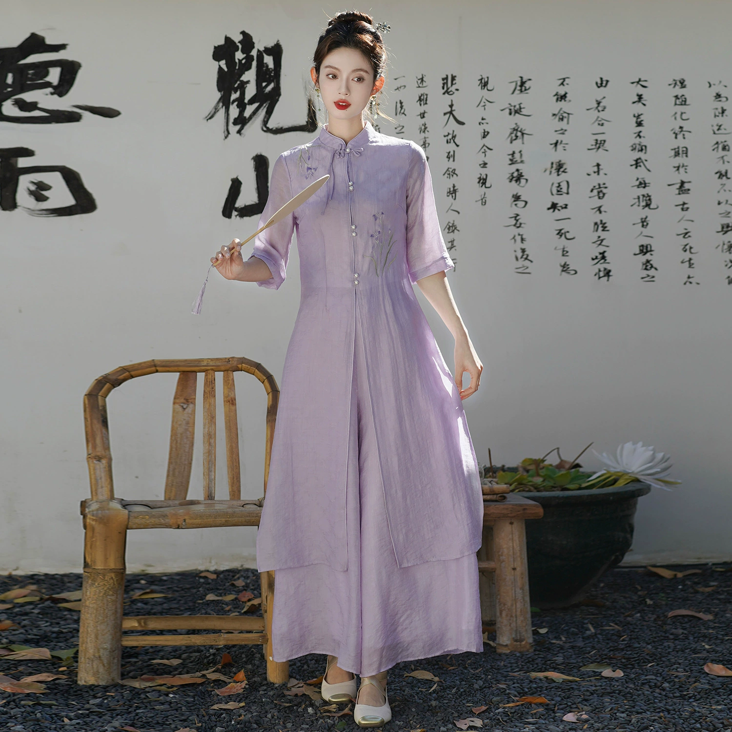 Весной и летом новый китайский стиль ретро с вышитым воротником улучшенный чонсам юбка национальное платье с широкими ногами брюки дзен костюм для чая фея
