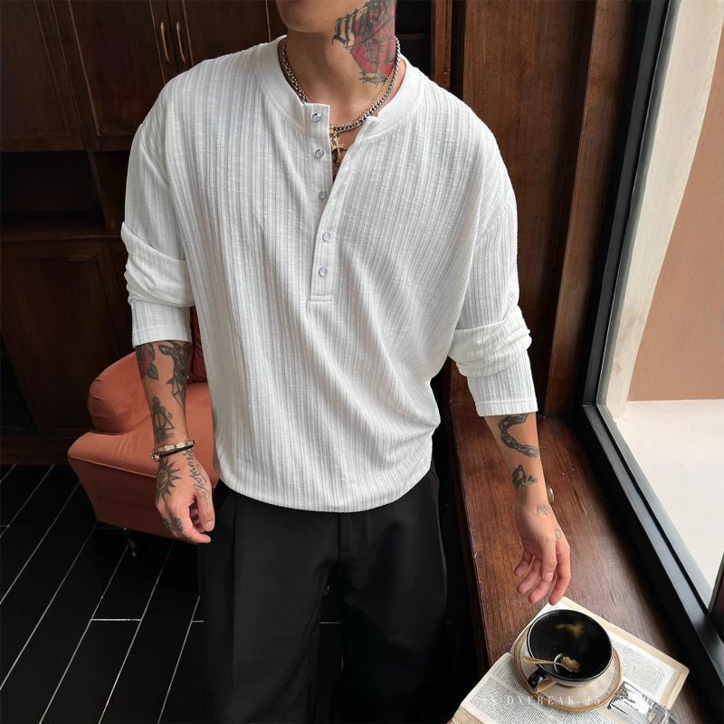 Old Money Style White Henry Collar Long-Sleeved T-Shirt Men's Autum Textured Loose Casual Inner Layering Shirt Old Money Style White Henry Collar Long-Sleeved T-Shirt Men's Autum Textured Loose Casual Inner Layering Shirt