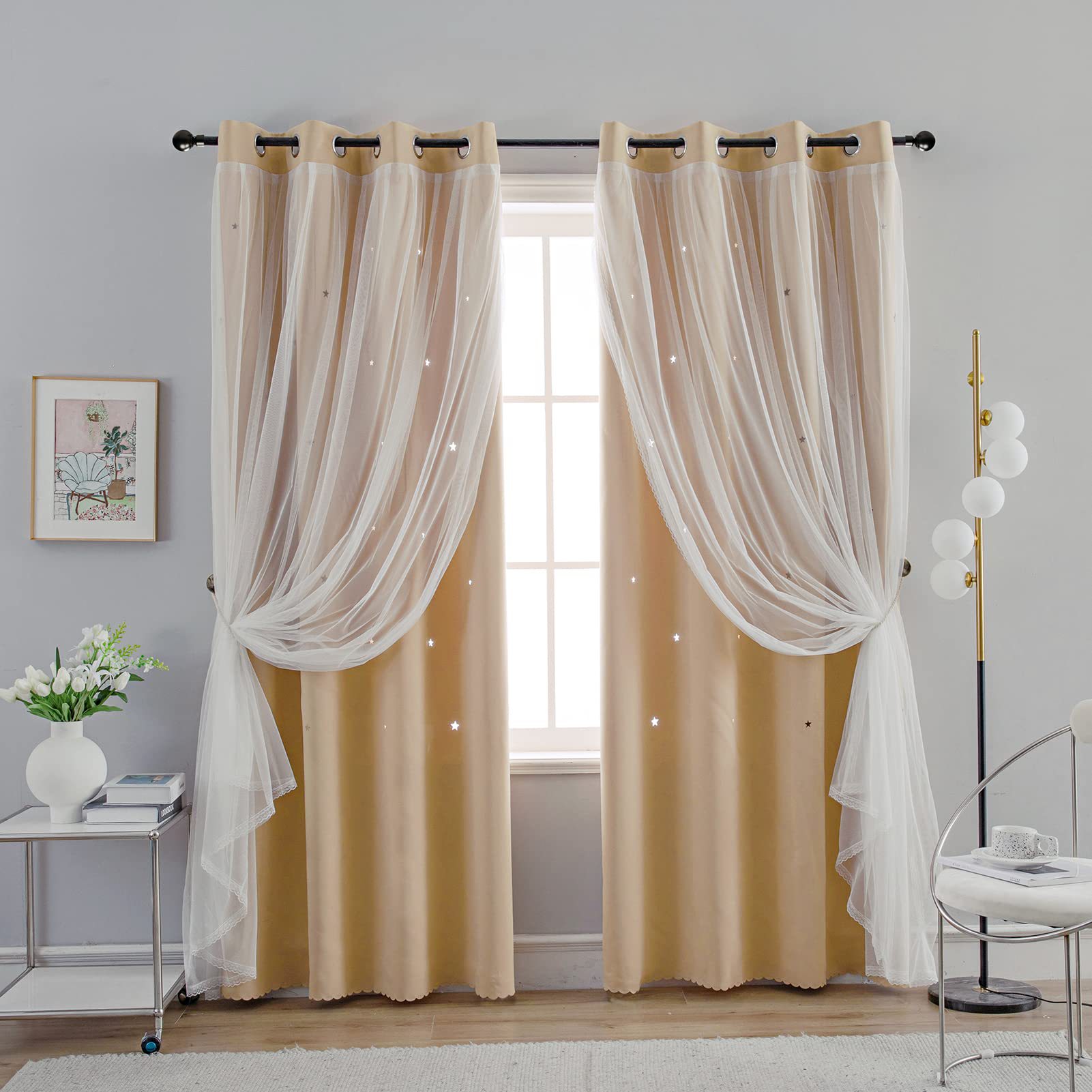 double layer curtains hollow star blackout rod punching short curtains_voghion.com