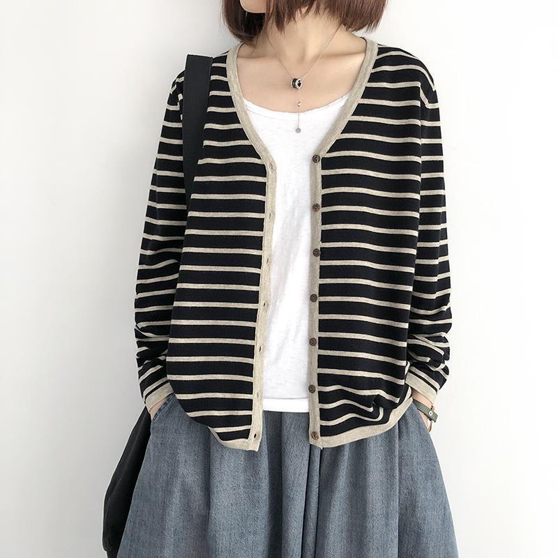 "Counter Large Size" Knitted Cardigan Spring and Autumn New Loose Jacket V-Neck Horizontal Stripe Outer Color Jacket for Women