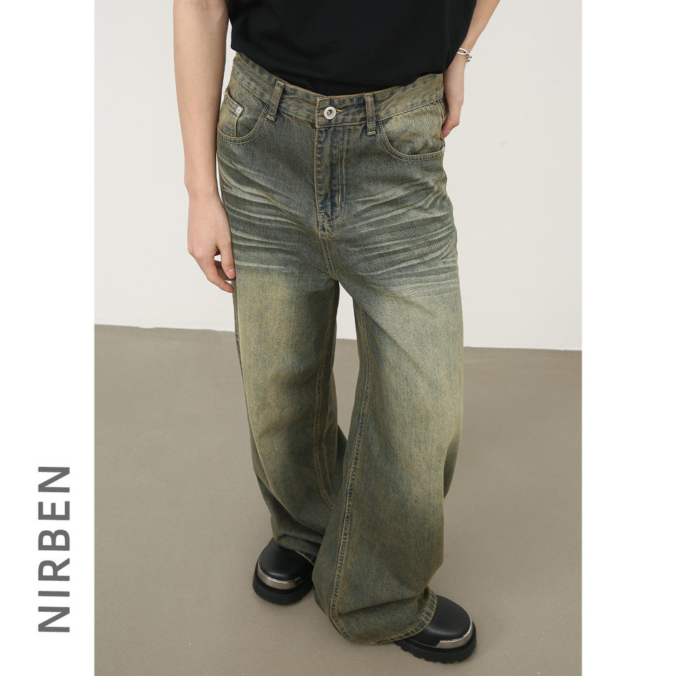 Quần jean nam ống rộng ống đứng dáng suông, vải denim giặt nước hiệu ứng râu mèo — Xanh cổ điển