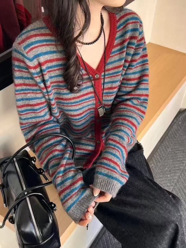 2025年撞色条纹V领针织开衫外套女早秋季高级感毛衣外穿短款上衣|undefined