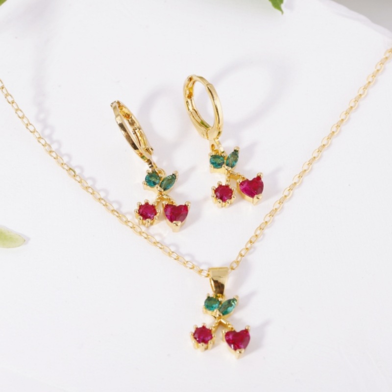 Fruit Earring Necklace Set Colorful CZ Zircon Earrings Grape Cherry Piercing Jewelry Gold detail image 31