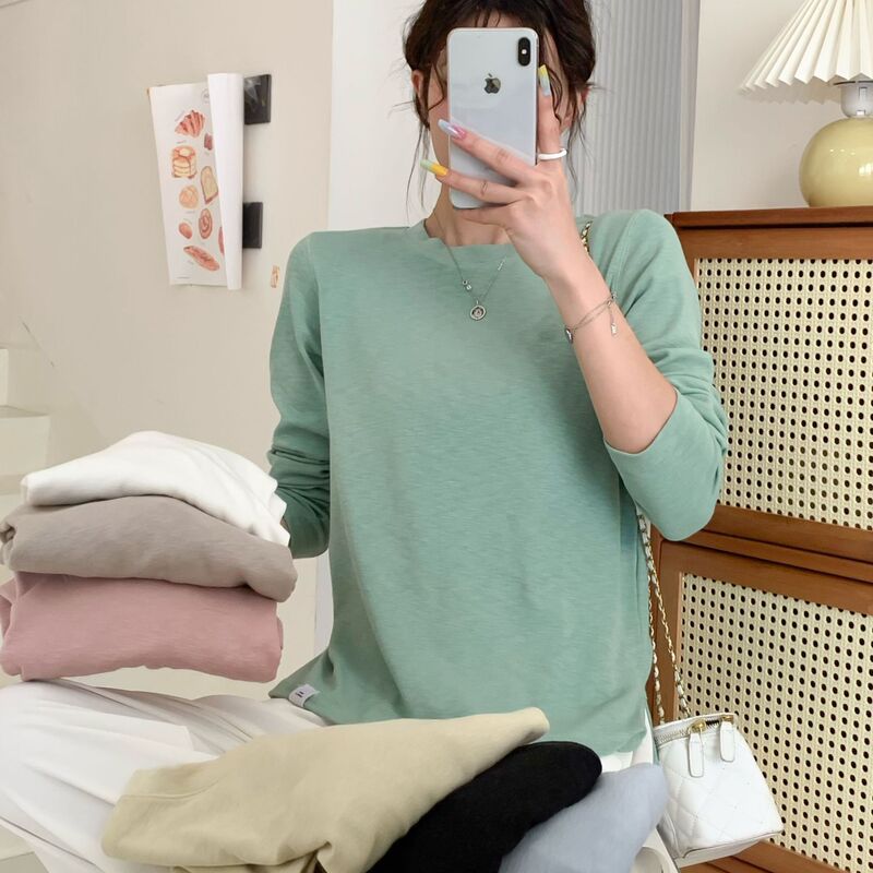 Spring and Autumn New Slub Cotton Round Neck Long Sleeve Base Shirt Elegant Casual All-match T-shirt Loose Simple Women's Top