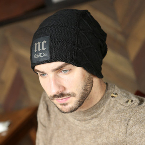 Men's Autumn/Winter Fleece Lined Thick Knitted Hat Outdoor Sports Warm Cap Korean Style Letter NC Hat