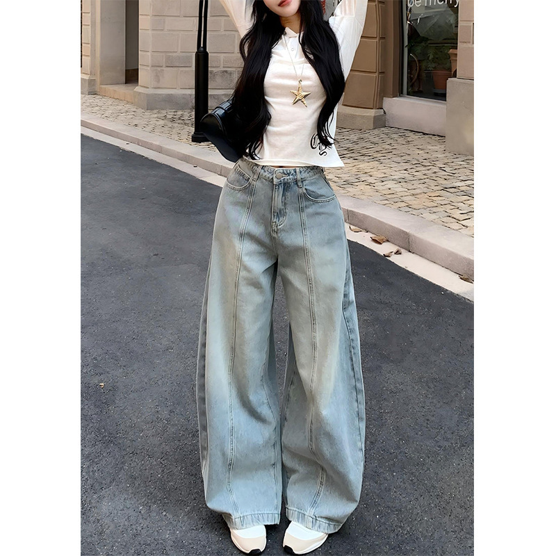 潮流浅色宽松阔腿牛仔裤女2025年早秋新款高腰百搭休闲拖地弯刀裤|undefined