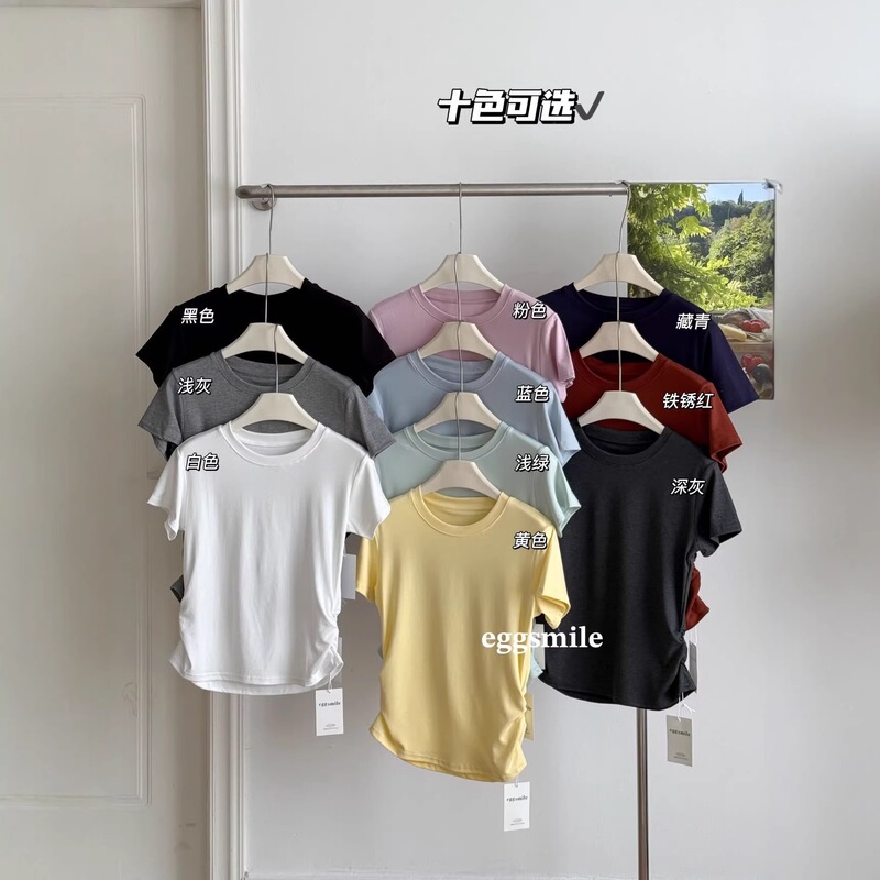Eggsmile10-Color t Slim-Fit Round-Neck Pleated Knit Ribbed Short-Sleeve Top with a Slim Waist and Casual Style Eggsmile10-Color t Slim-Fit Round-Neck Pleated Knit Ribbed Short-Sleeve Top with a Slim Waist and Casual Style