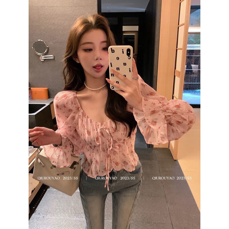 Spring and Autumn French Square Neck Floral Long Sleeve Rose Pink Chiffon Shirt Women's Top Ruffled Bottoming Shirt Elegant
