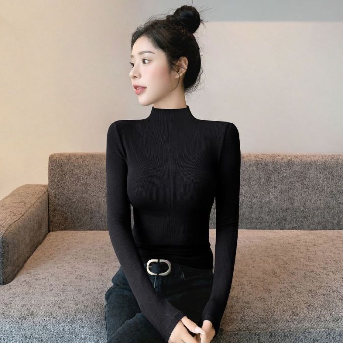 2025年秋冬新款紧身半高领长袖洋气t恤女打底衫内搭加绒中领上衣|undefined