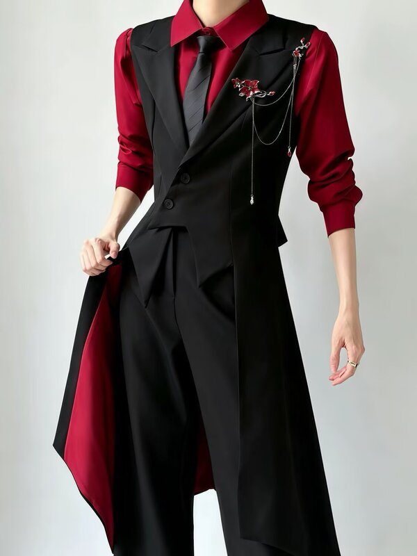 Black men's long vest suit, slim fit, waist-cinching, pointed lapel, swallowtail tailcoat, DK uniform suit for men Black men's long vest suit, slim fit, waist-cinching, pointed lapel, swallowtail tailcoat, DK uniform suit for men