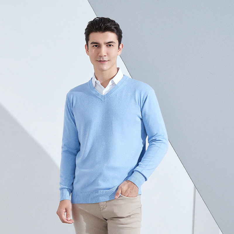 V-Neck Knitwear Men's Spring & Fall Short Pullover Knitwear Slim Pure Color Casual Warm Pure Color Long-Sleeved Bottoming Shirt